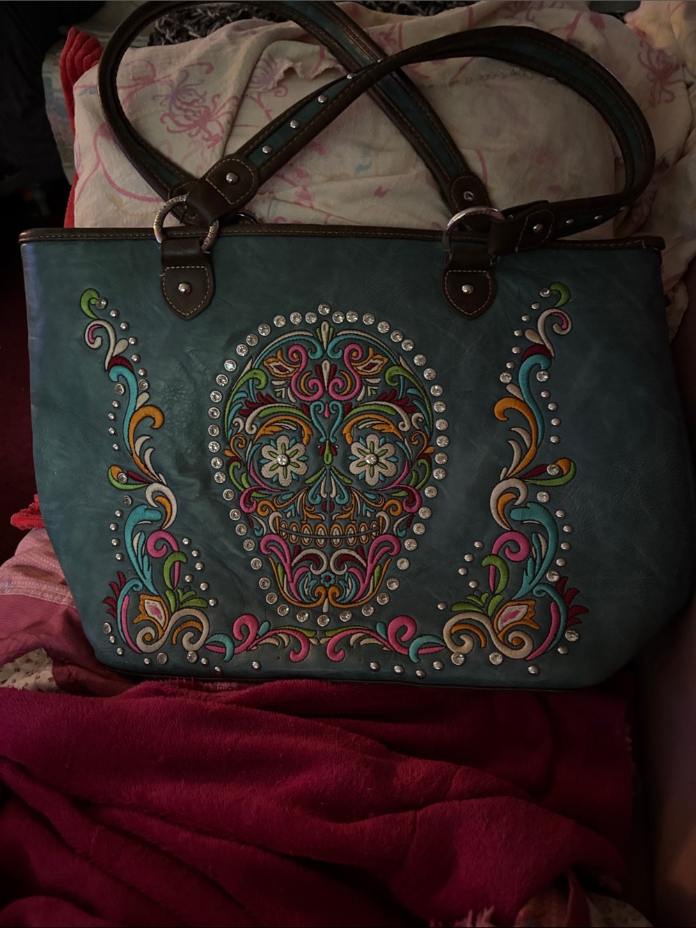 Montana West Teal Embroidered Sugar Skull Tote with Multicolor Accents